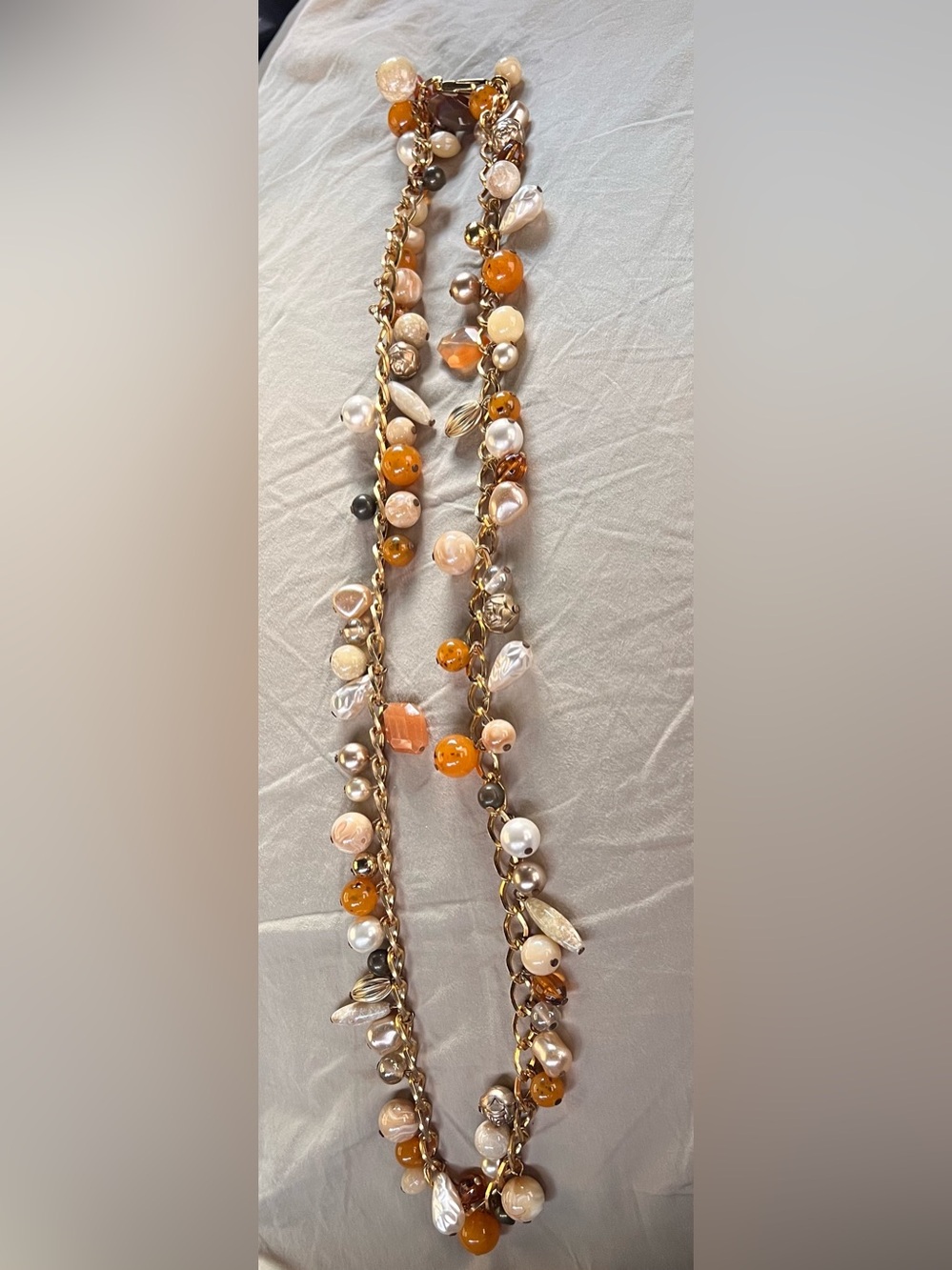 Vintage long Gold Chain Charm Necklace with Amber, Pearl, beach, shell